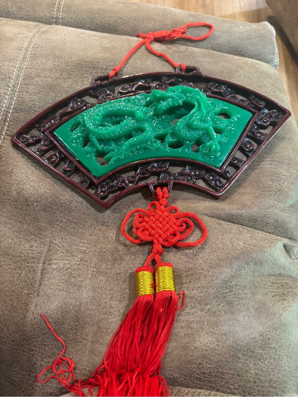 Green Dragon Jade Plate with Red Tassel Wall Hanging